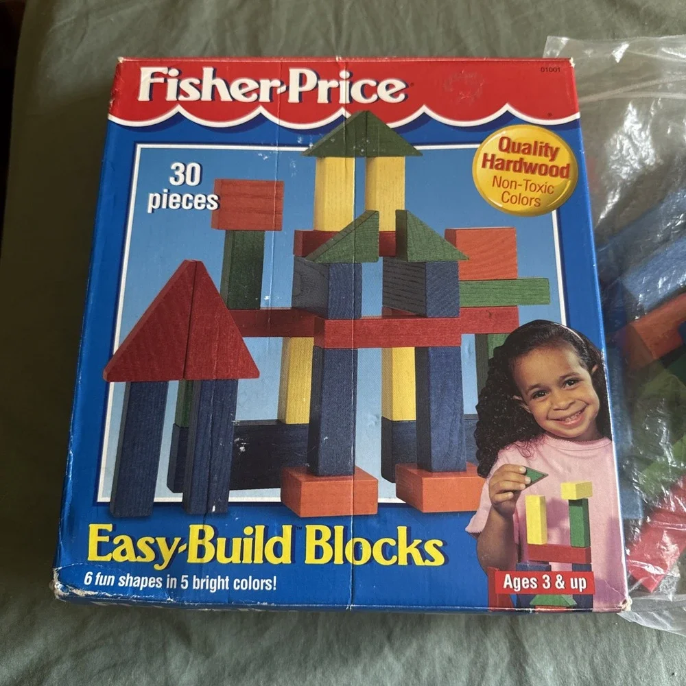 Vintage 1997 Fisher Price Colored Wood Blocks Set Shapes Colors Complete